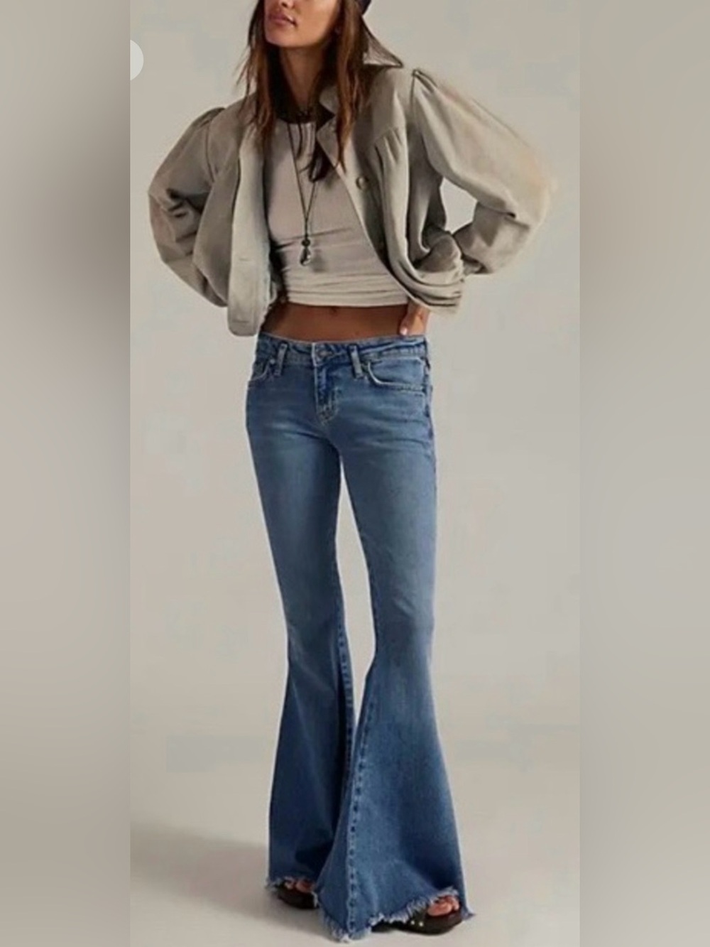 We The Free Emre Flare Medium Blue Flare Bellbottom Denim Jeans Raw Hem